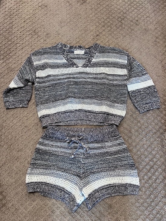 Lucky Brand Other - Lucky Brand Crochet Striped Knit Two-Piece Lounge Set - Blue, Gray & White